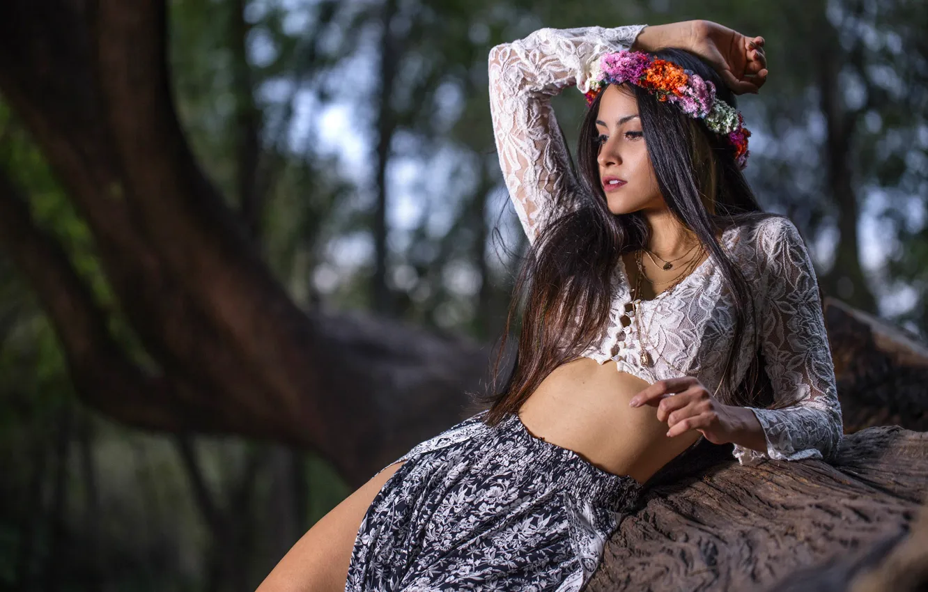 Photo wallpaper girl, trees, flowers, nature, pose, Park, skirt, makeup