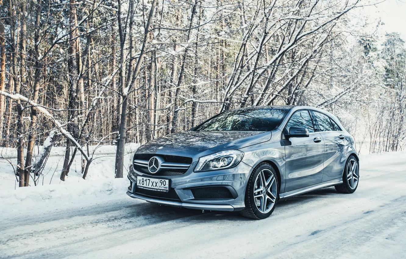 Photo wallpaper Winter, Auto, Snow, Mercedes, Benz, AMG, A45