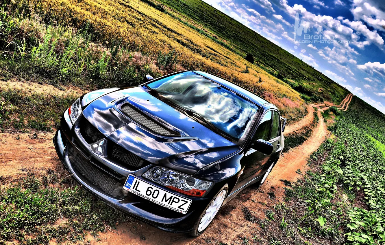 Photo wallpaper HDR, Field, Road, Blue, Sport, Day, Mitsubishi, Lancer
