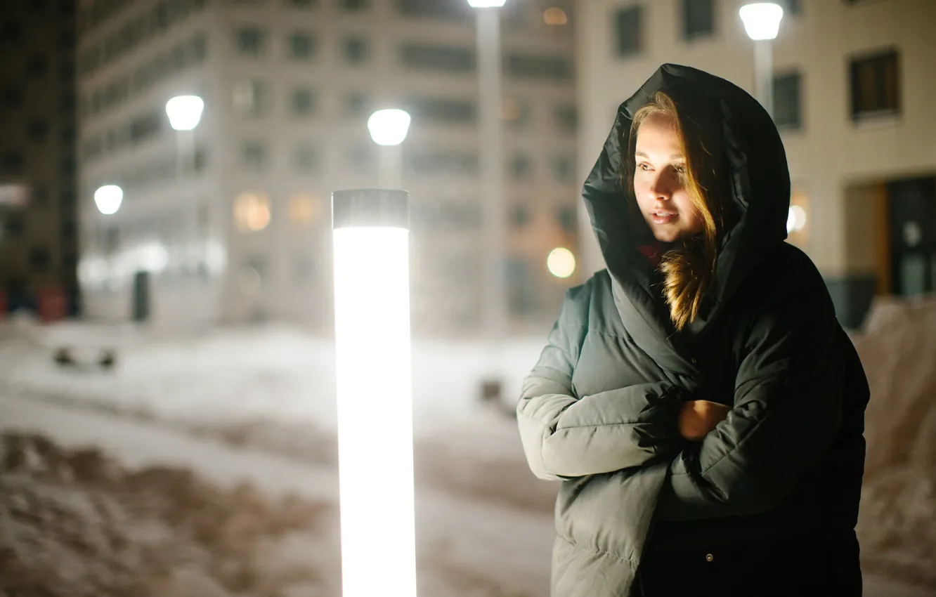 Photo wallpaper winter, look, girl, lights, the evening, jacket, Nastya