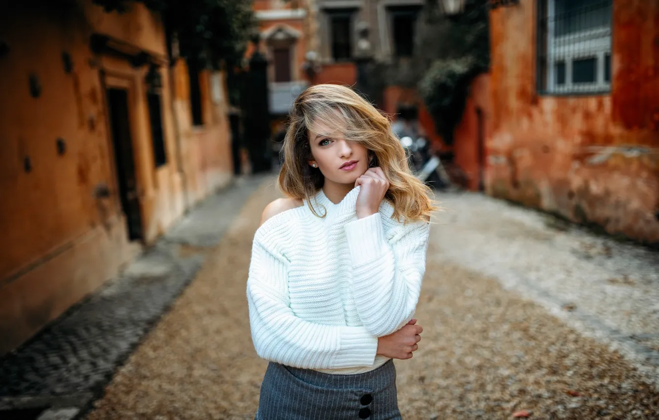 Photo wallpaper look, girl, pose, hair, portrait, blonde, patio, sweater