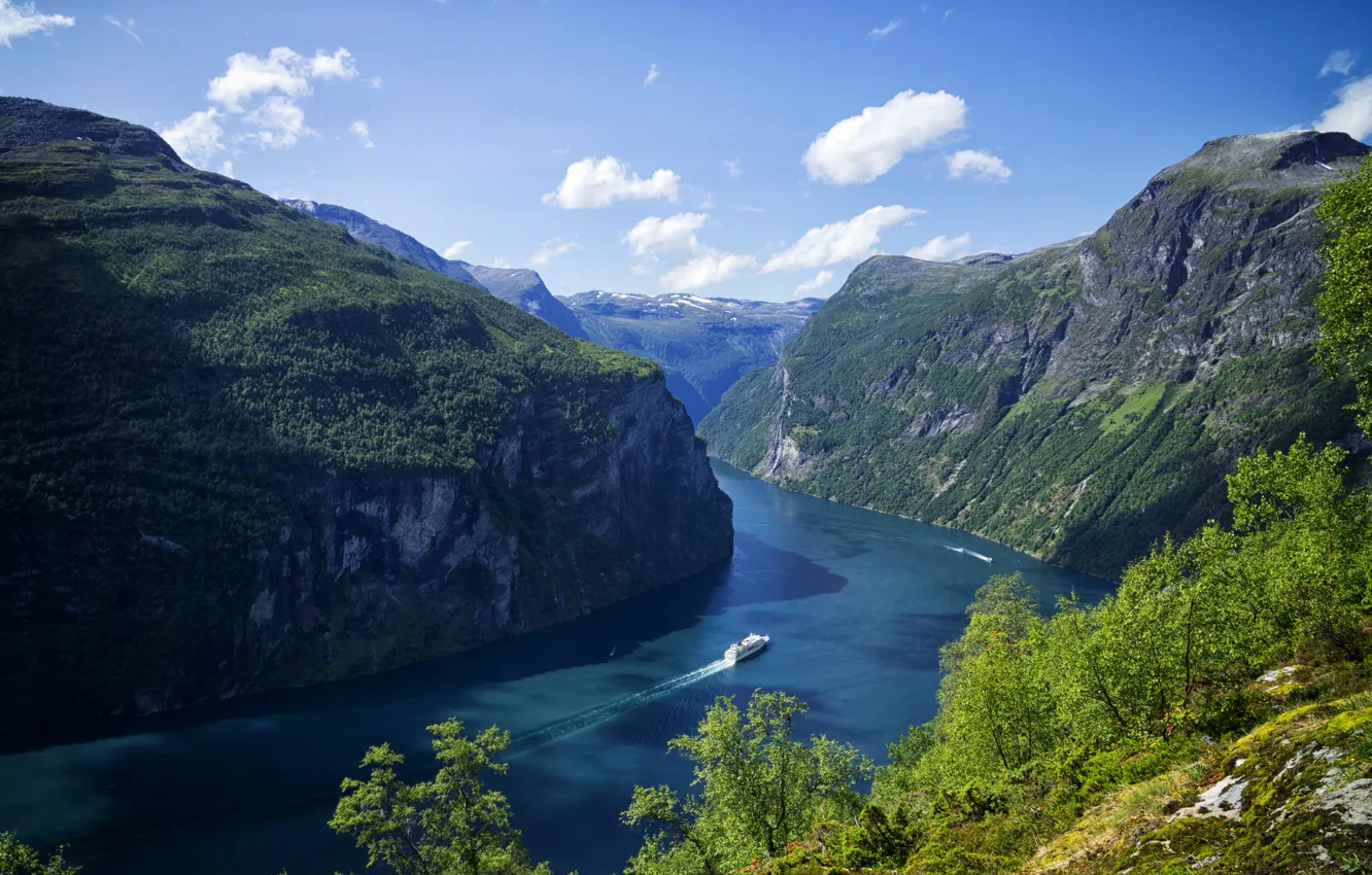 Photo wallpaper the sky, water, clouds, trees, nature, river, Mountains, Norway