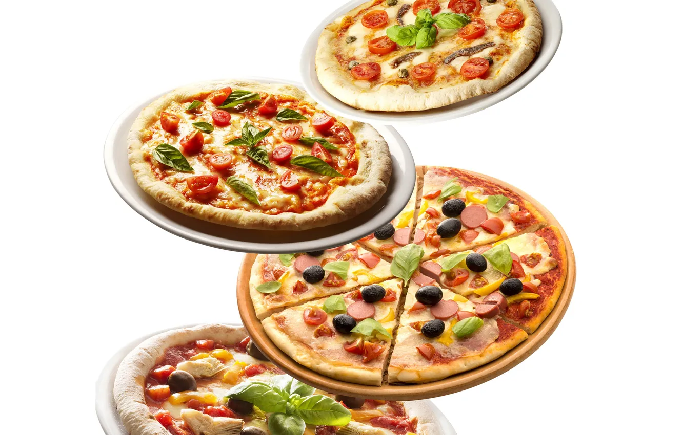 Photo wallpaper greens, sausage, cheese, pizza, tomatoes, olives, pizza, cheese