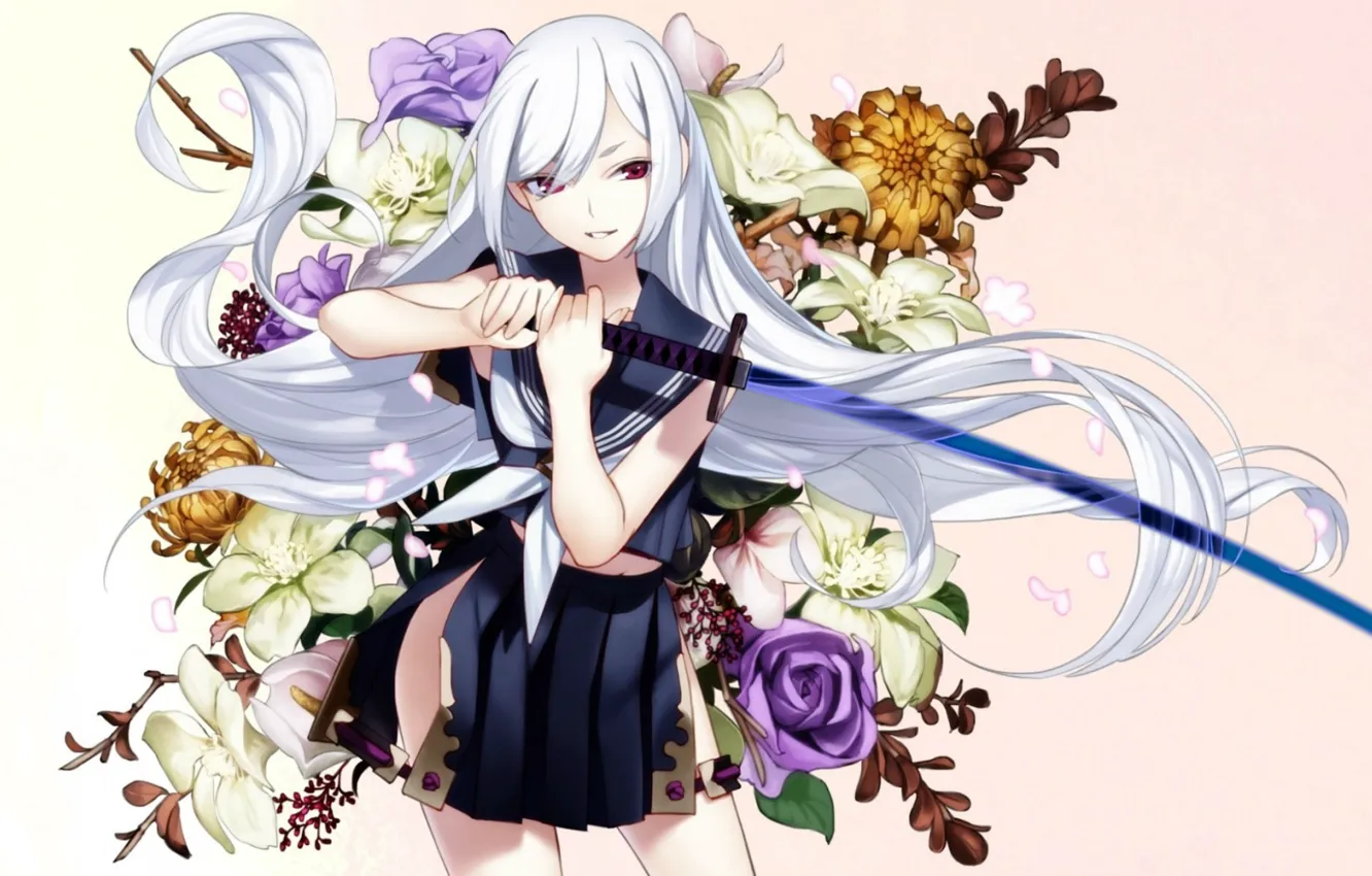 Photo wallpaper flowers, katana, Schoolgirl, long hair, sailor