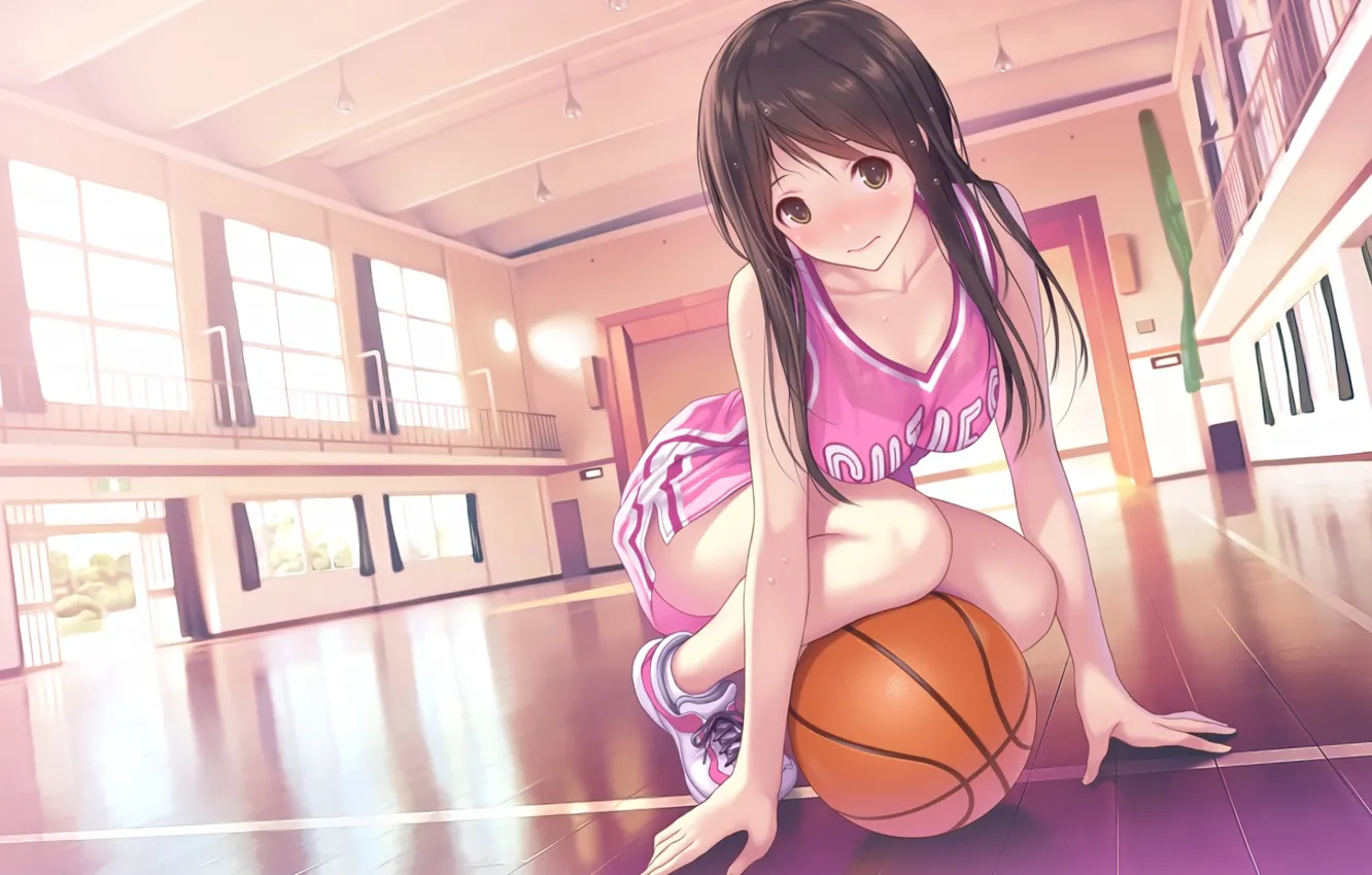 Photo wallpaper shorts, blush, schoolgirl, long hair, on the floor, squat, basketball, sports uniforms