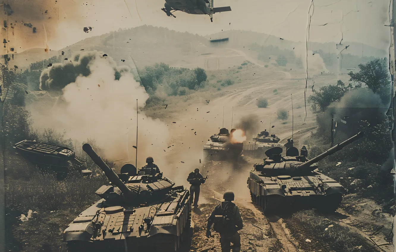 Photo wallpaper retro, smoke, soldiers, tank, helicopter, digital art, AI art, The Art of Artificial Intelligence