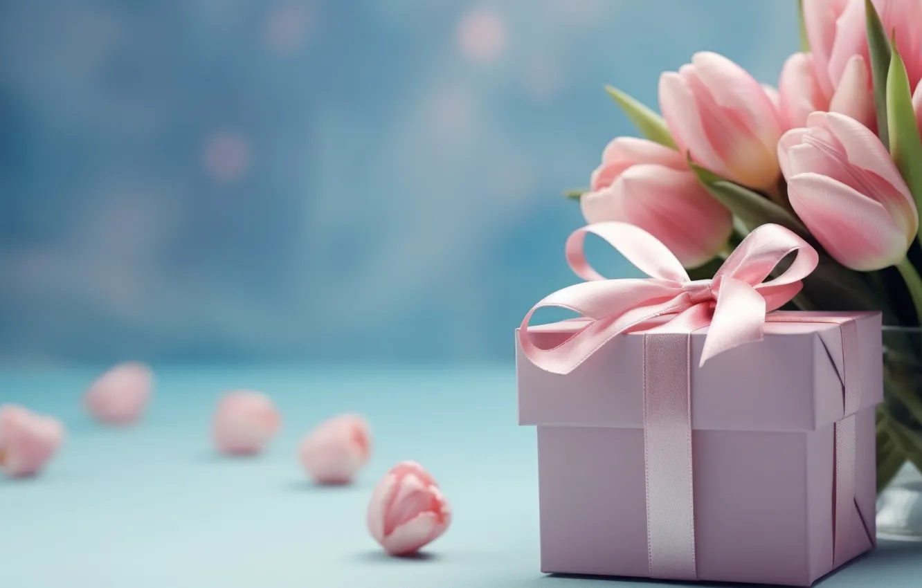 Photo wallpaper flowers, birthday, box, gift, bouquet, spring, Easter, tulips