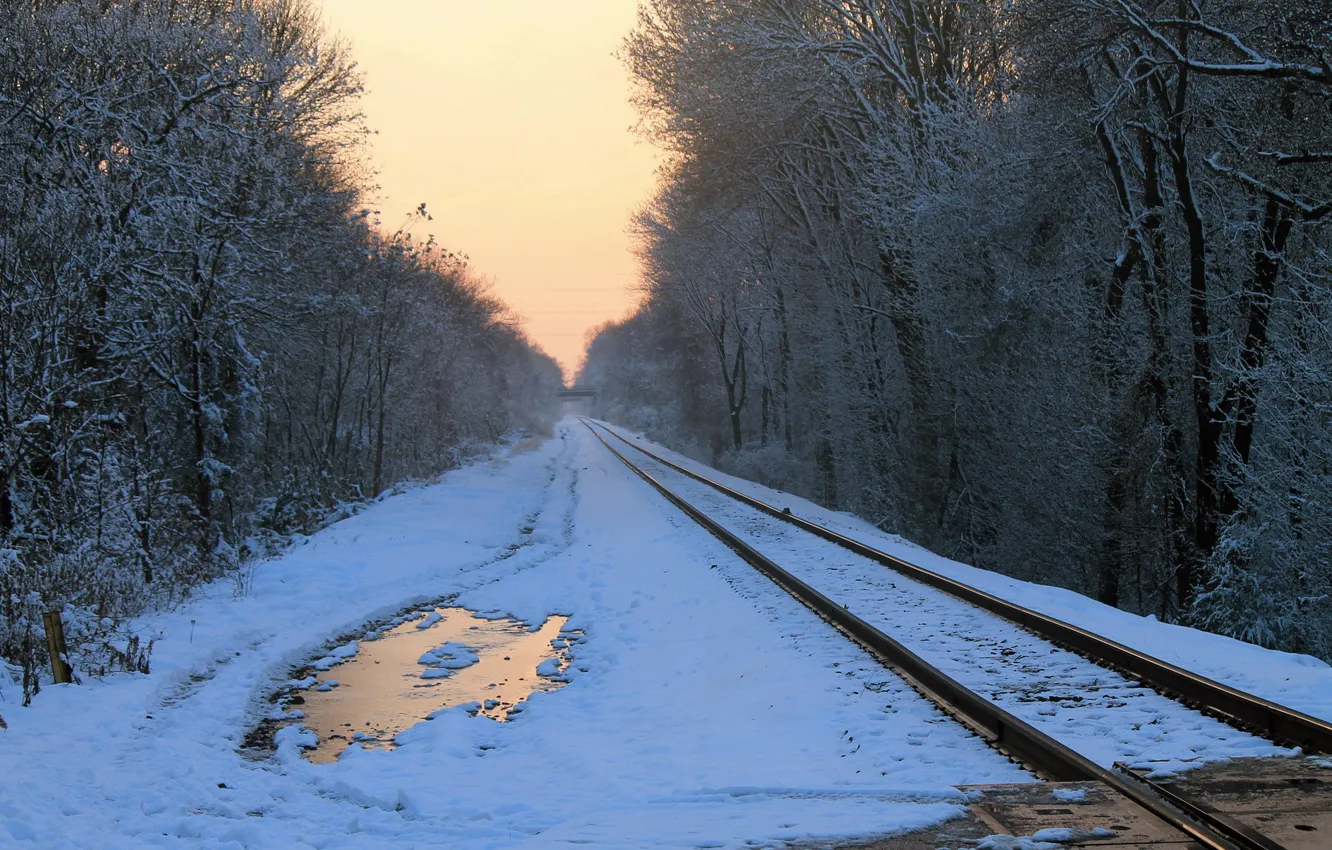 Photo wallpaper snow, landscape, morning, railroad