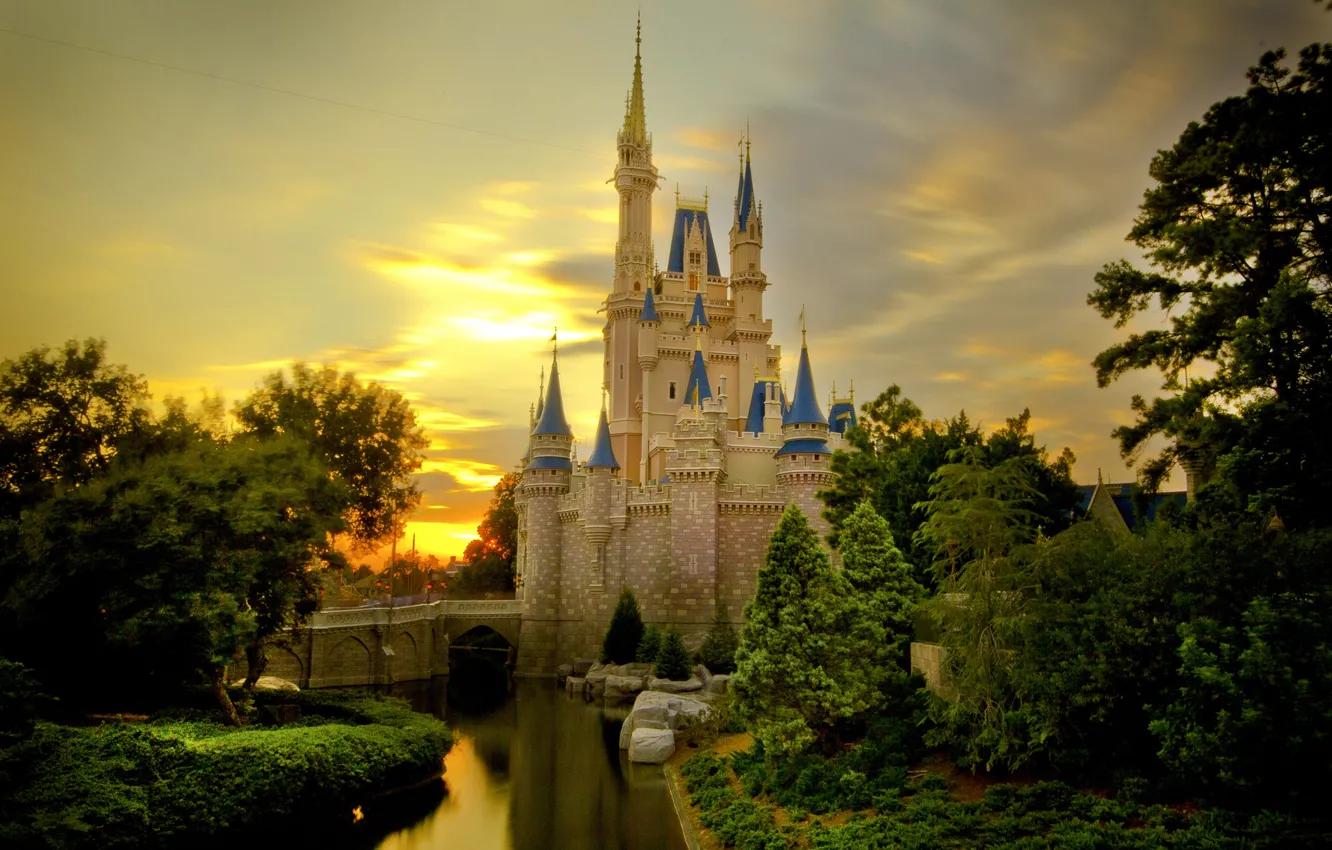 Photo wallpaper the sky, trees, pond, castle, Cinderella castle