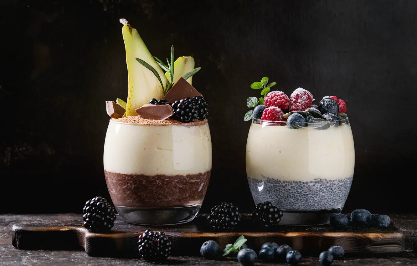 Photo wallpaper glass, berries, raspberry, chocolate, Breakfast, blueberries, BlackBerry, yogurt
