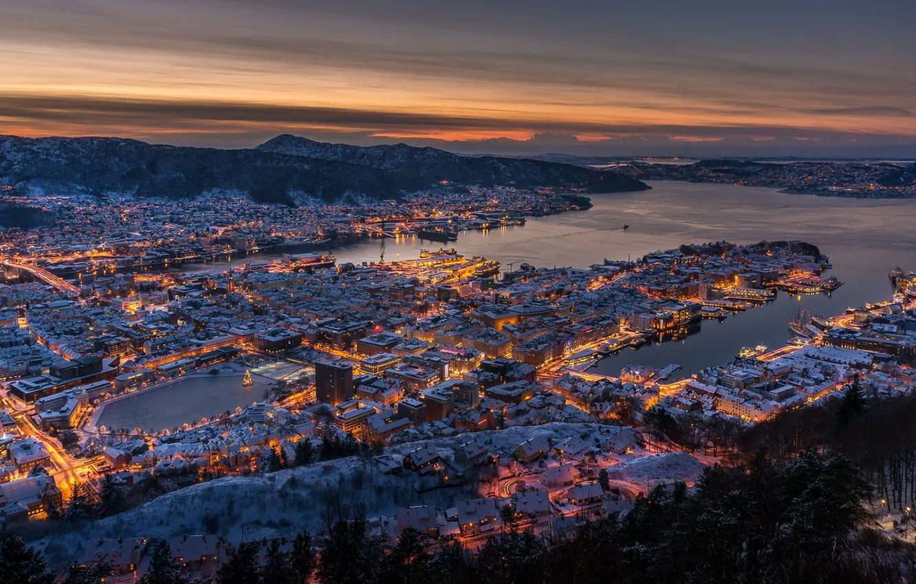 Photo wallpaper winter, sunset, Norway, Bergen