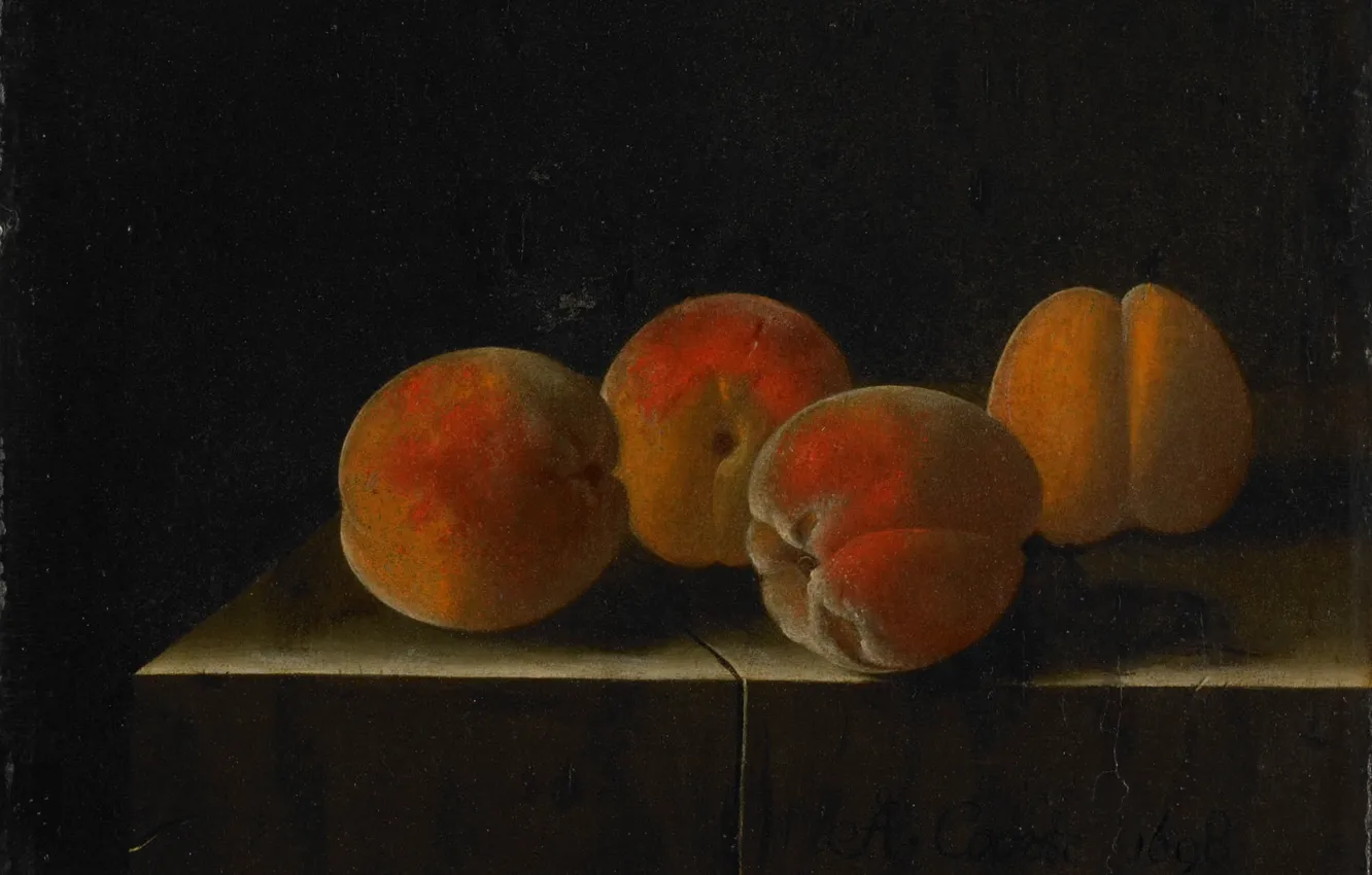 Photo wallpaper picture, fruit, still life, Adrian Coort, Four Apricots on a Stone Pedestal