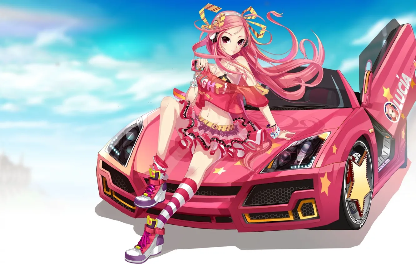 Photo wallpaper car, girl, anime, skirt, KNEE SOCKS