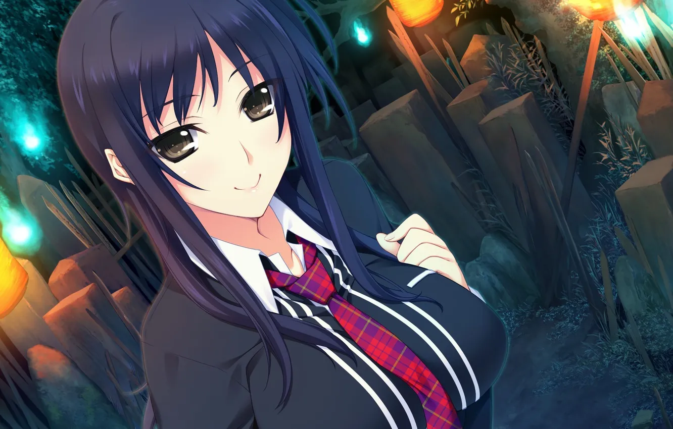 Photo wallpaper girl, trees, night, smile, art, lights, Ghost, tie