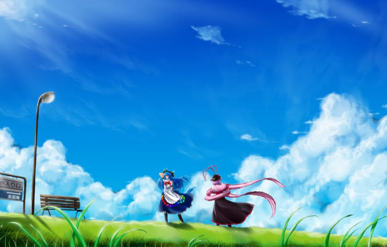 Photo wallpaper greens, the sky, grass, clouds, landscape, art, shop, lights