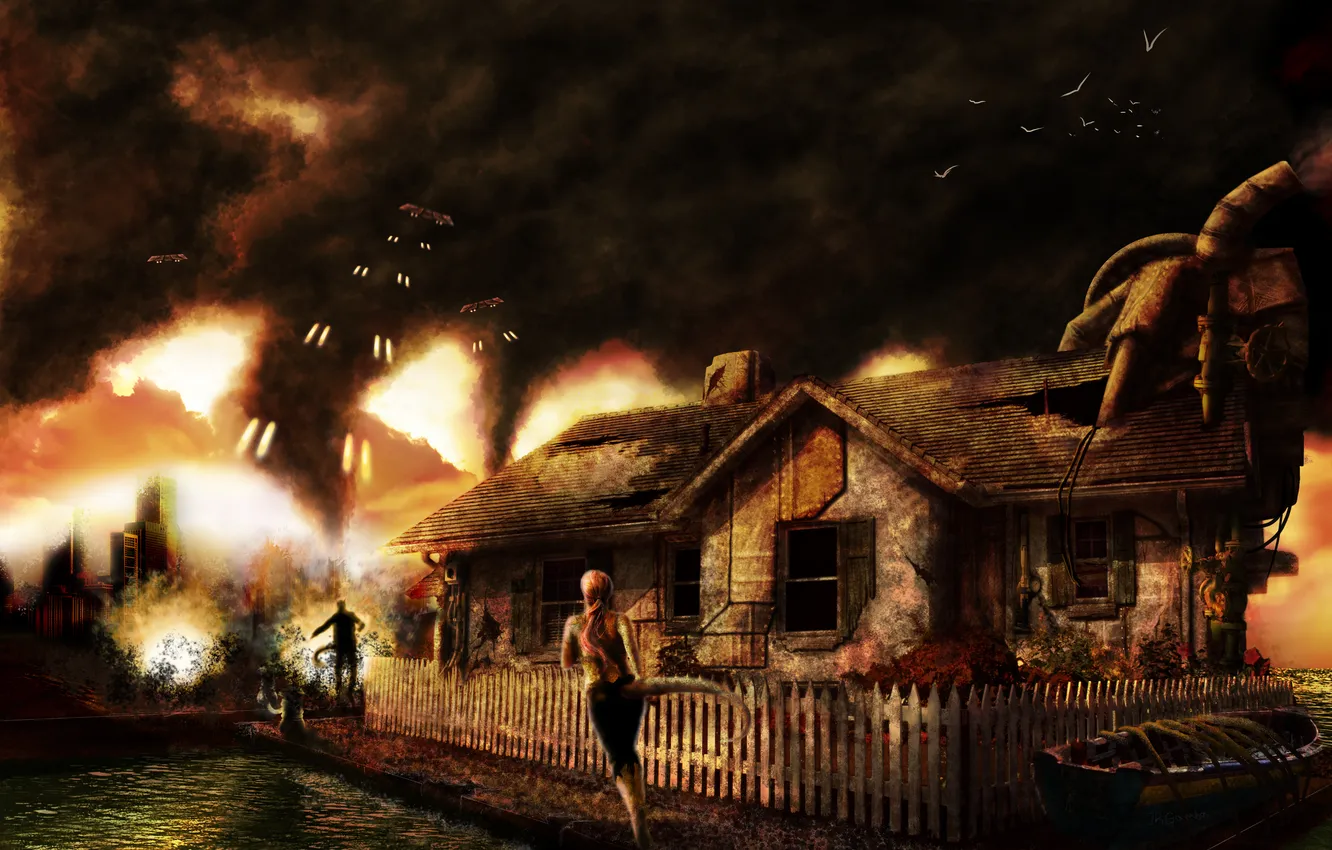 Photo wallpaper house, people, tornado, the end of the world
