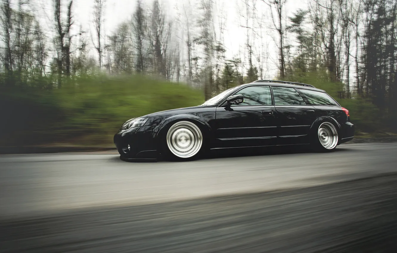 Photo wallpaper road, Subaru, black, Subaru, stance, Outback