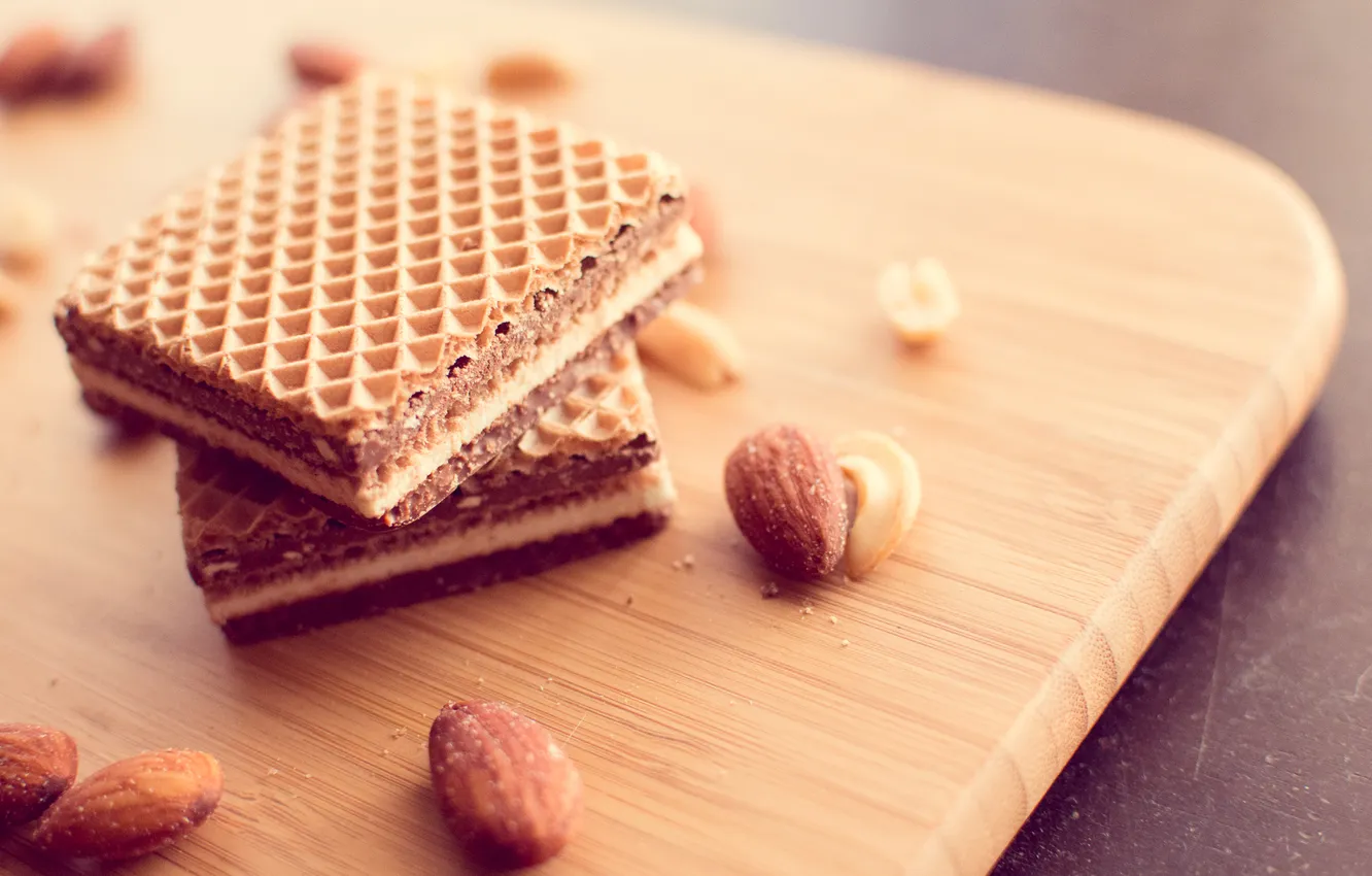Photo wallpaper chocolate, sweets, nuts, dessert, waffles, almonds, filling, cashews