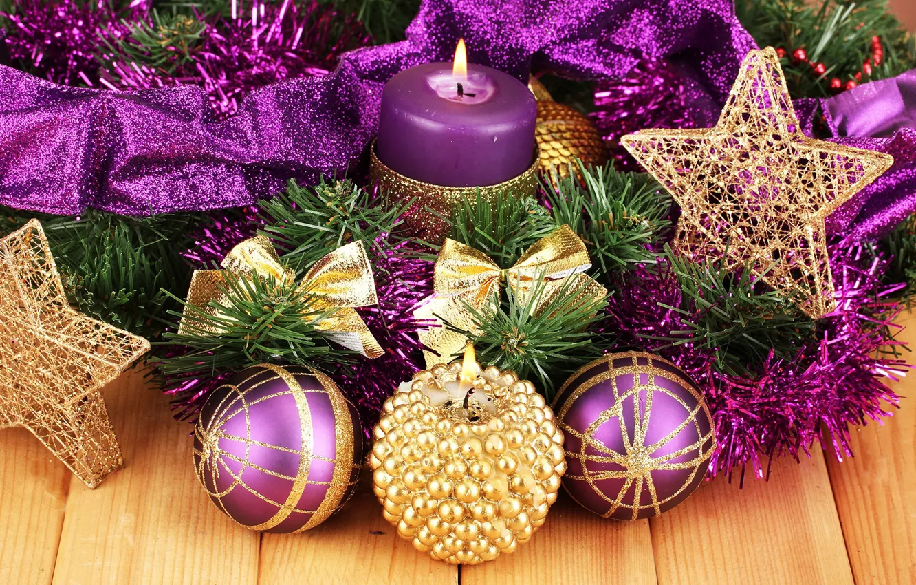 Photo wallpaper winter, decoration, balls, candles, New year, tinsel, Christmas, New Year