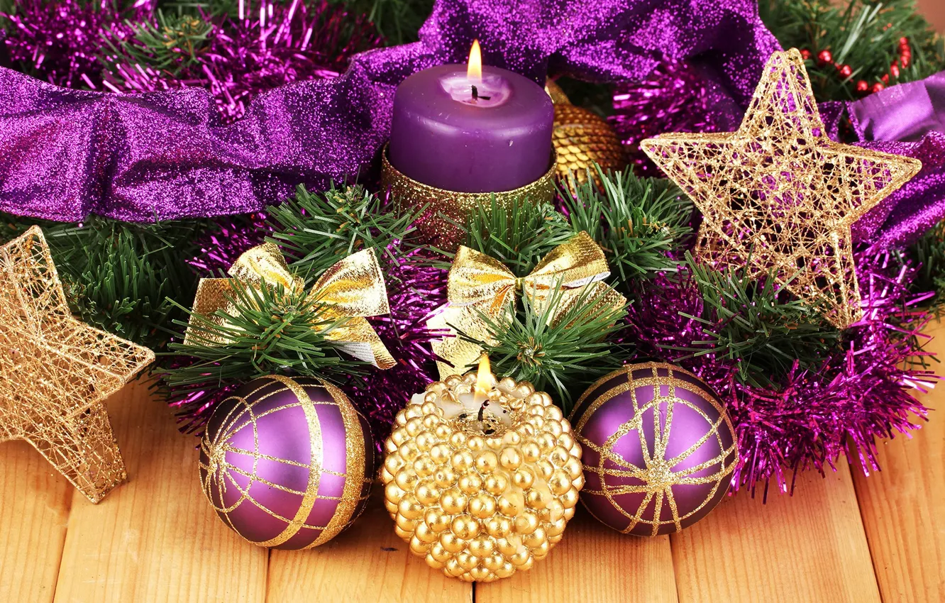 Photo wallpaper winter, decoration, balls, new year, candles, tinsel, Christmas, New Year