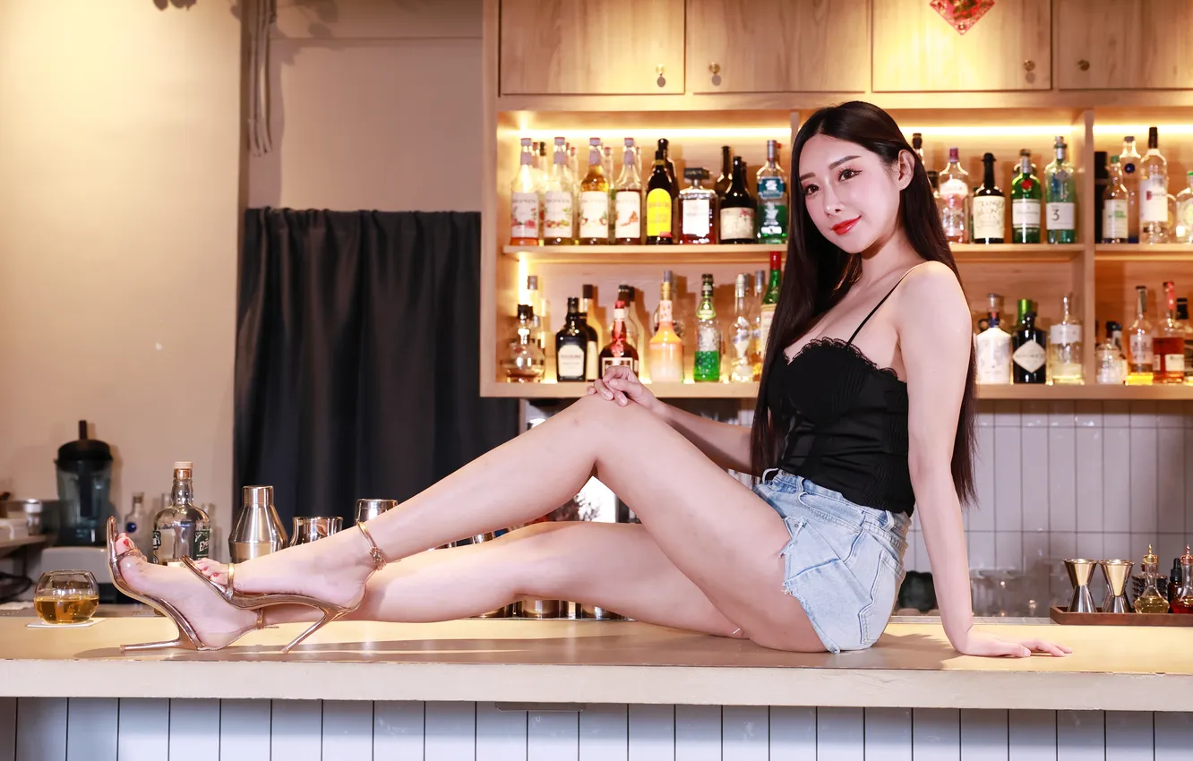 Photo wallpaper girl, shorts, Mike, legs, Asian, the bar