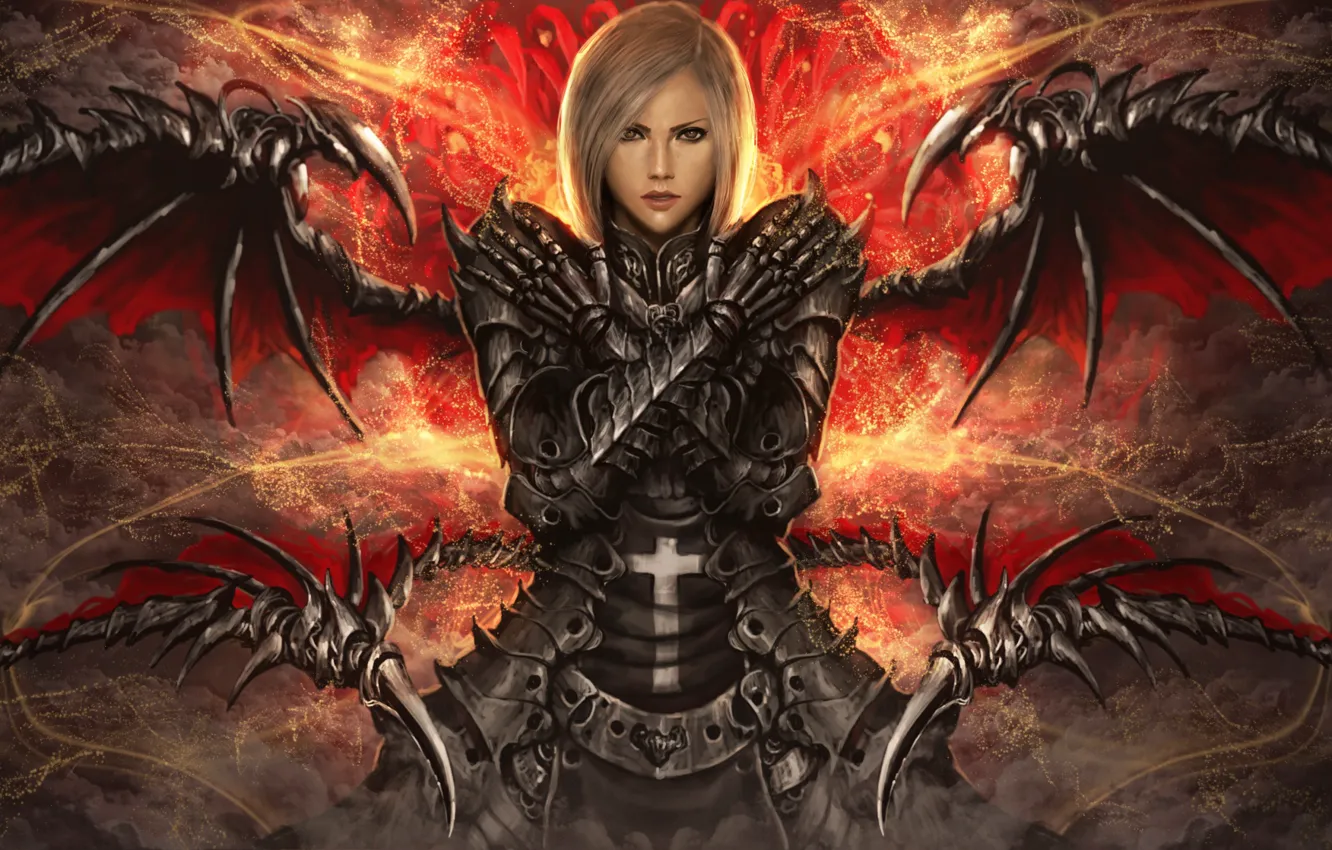 Photo wallpaper girl, wings, cross, armor, folded hands