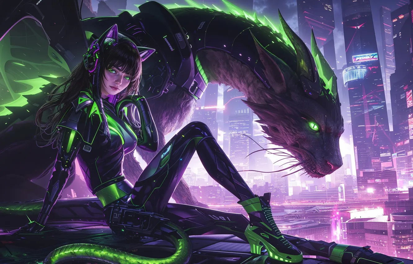 Photo wallpaper girl, the city, fiction, dragon, fantasy, ears