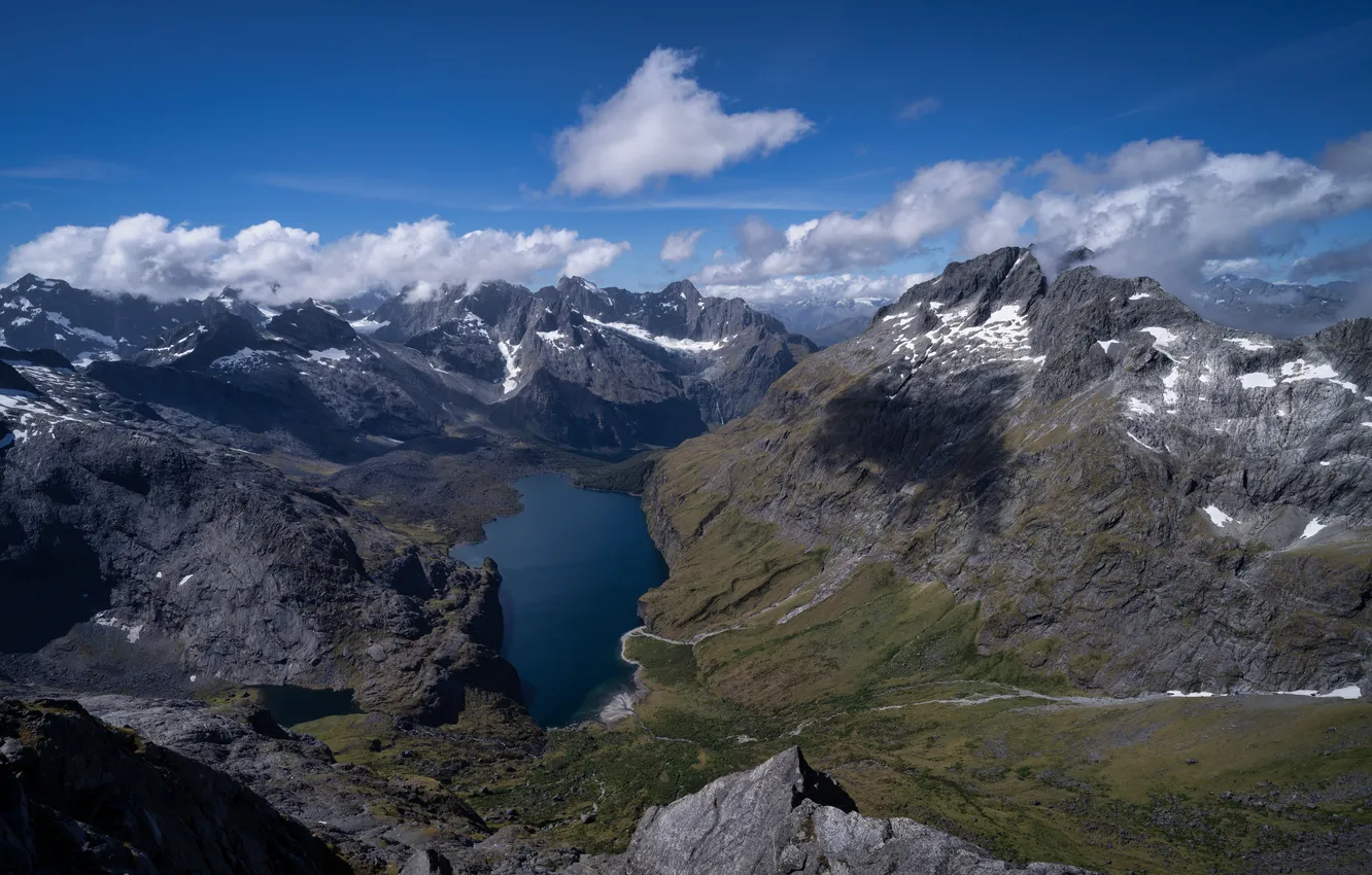 Photo wallpaper clouds, mountains, lake