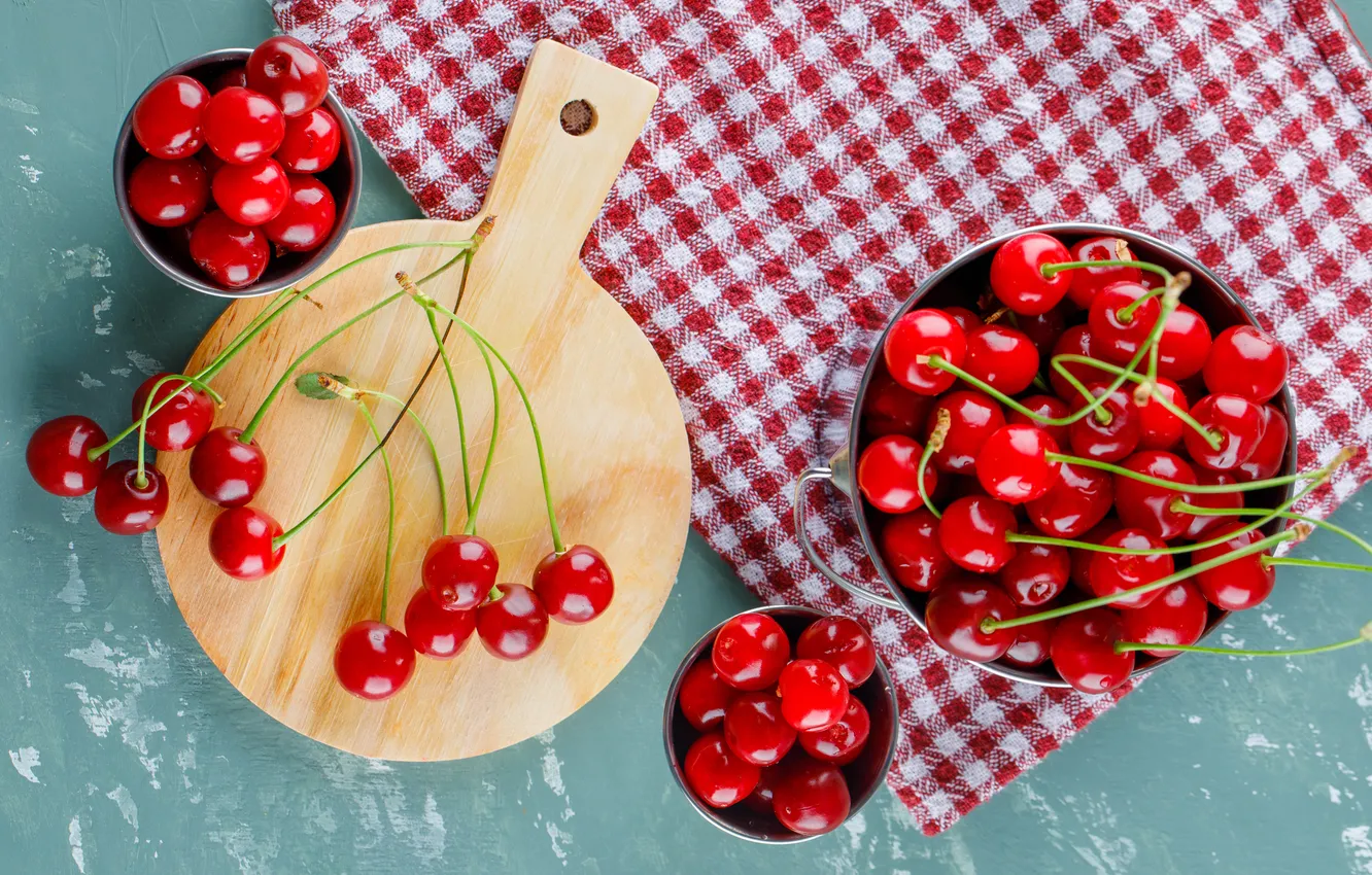 Photo wallpaper cherry, berries, table, towel, cherry, blue background, bucket, cutting Board