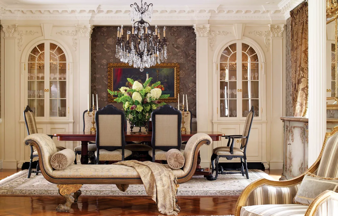 Photo wallpaper flowers, table, room, chair, interior, lounger.