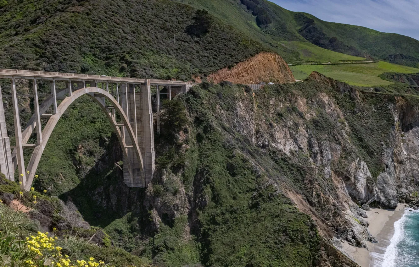 Photo wallpaper sea, mountains, bridge, rocks, CA, USA
