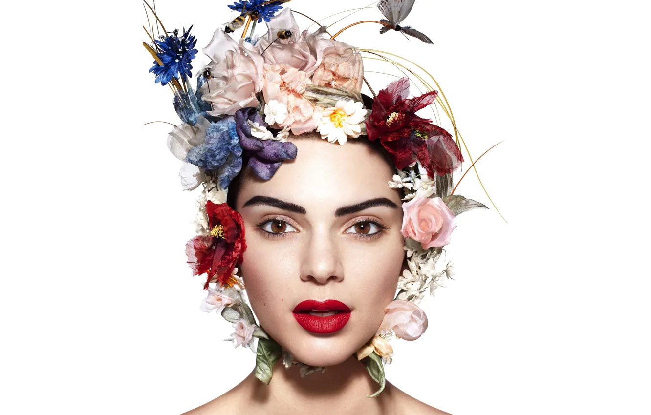 Photo wallpaper flowers, close-up, face, style, model, portrait, makeup, brunette