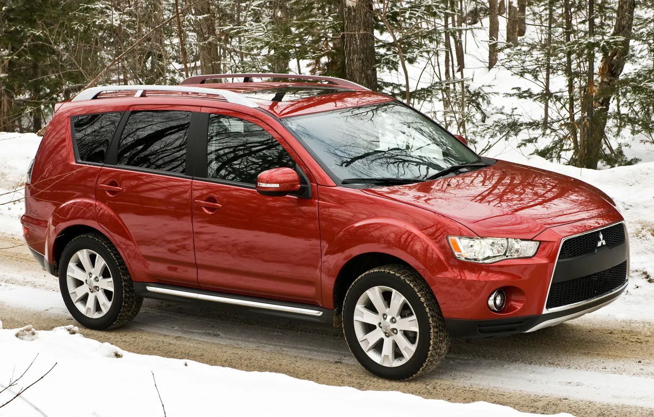 Photo wallpaper Red, Winter, Road, Japan, Snow, Wallpaper, Mitsubishi, Jeep