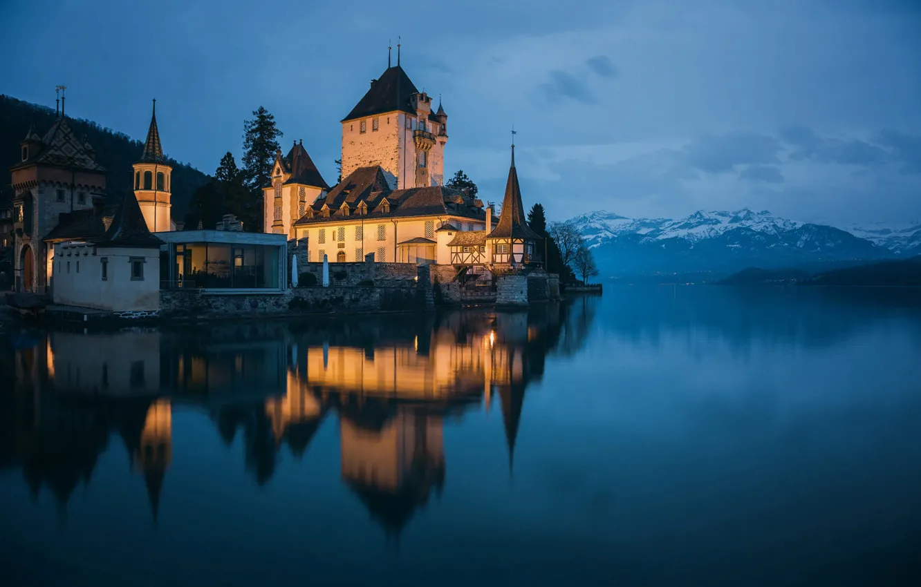Photo wallpaper landscape, mountains, nature, morning, Switzerland, lighting, twilight, Oberhofen Castle