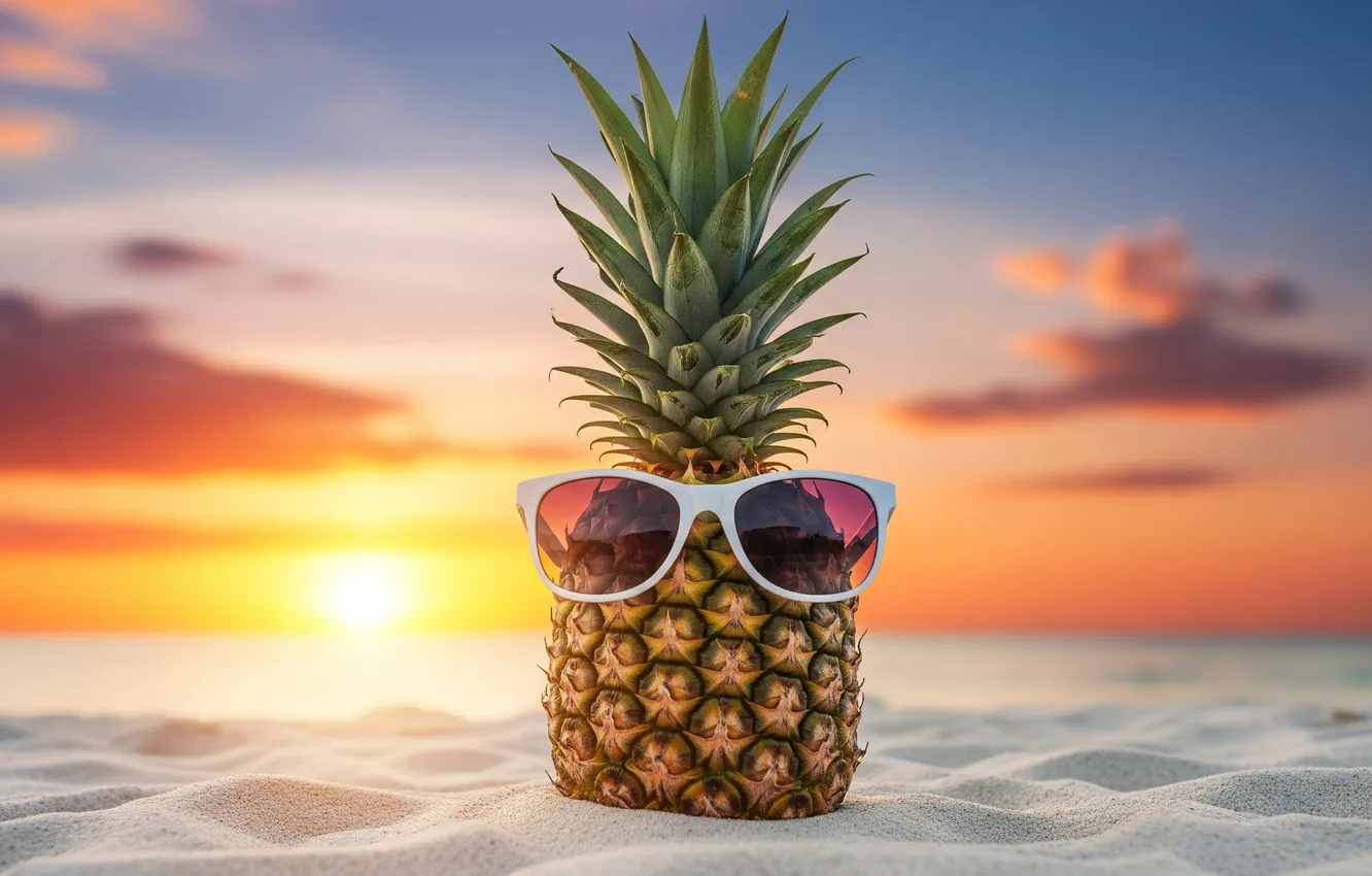 Photo wallpaper beach, sunset, Wallpaper, art, glasses, wallpaper, pineapple, beach