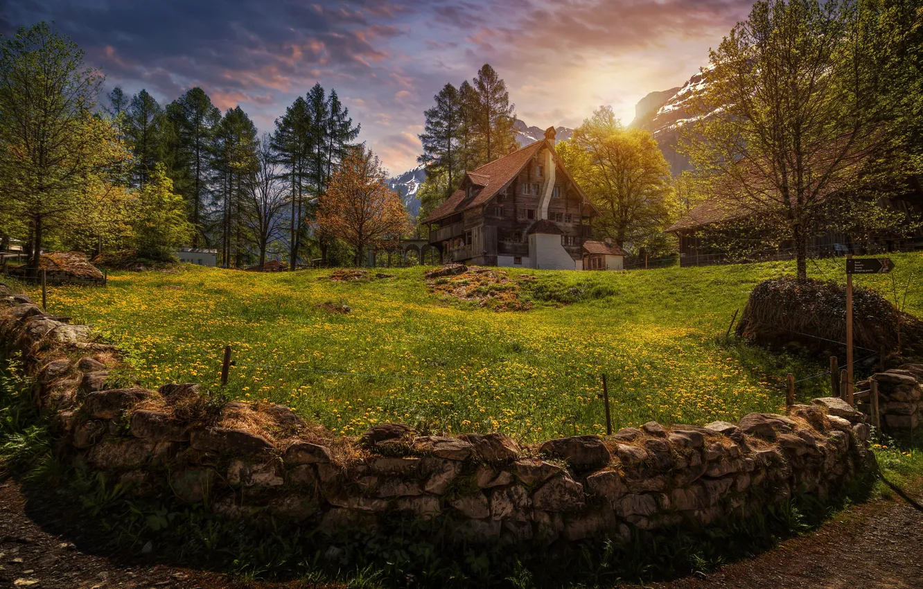 Photo wallpaper trees, sunset, house, the fence, Switzerland, village, Museum, lawn