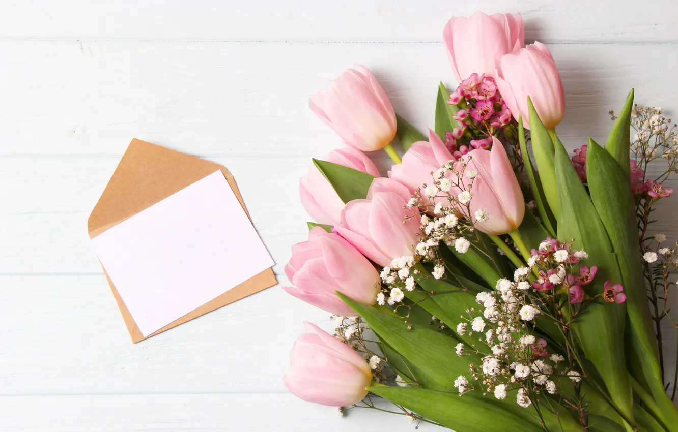 Photo wallpaper flowers, bouquet, tulips, pink, wood, pink, flowers, beautiful