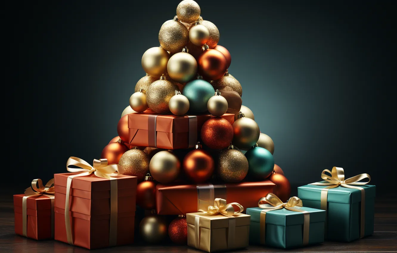 Photo wallpaper decoration, balls, tree, New Year, Christmas, gifts, new year, happy