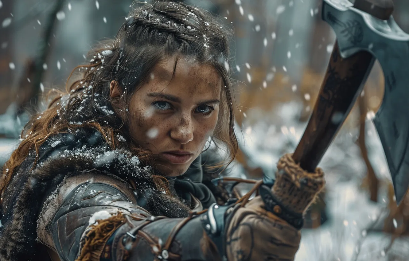 Photo wallpaper winter, look, girl, snow, axe, warrior, closeup, digital art