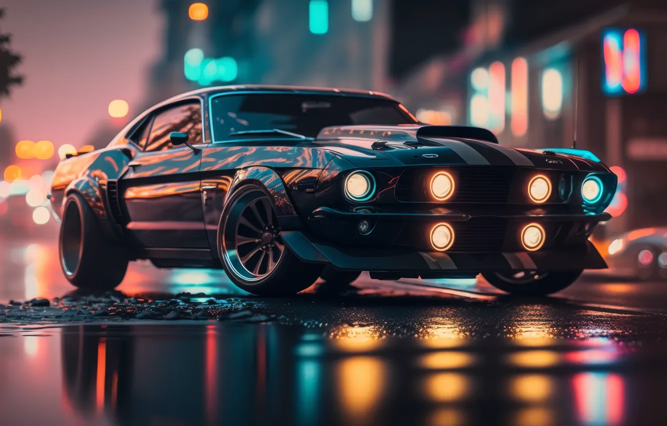 Photo wallpaper lights, road, muscle car, bokeh, AI Art