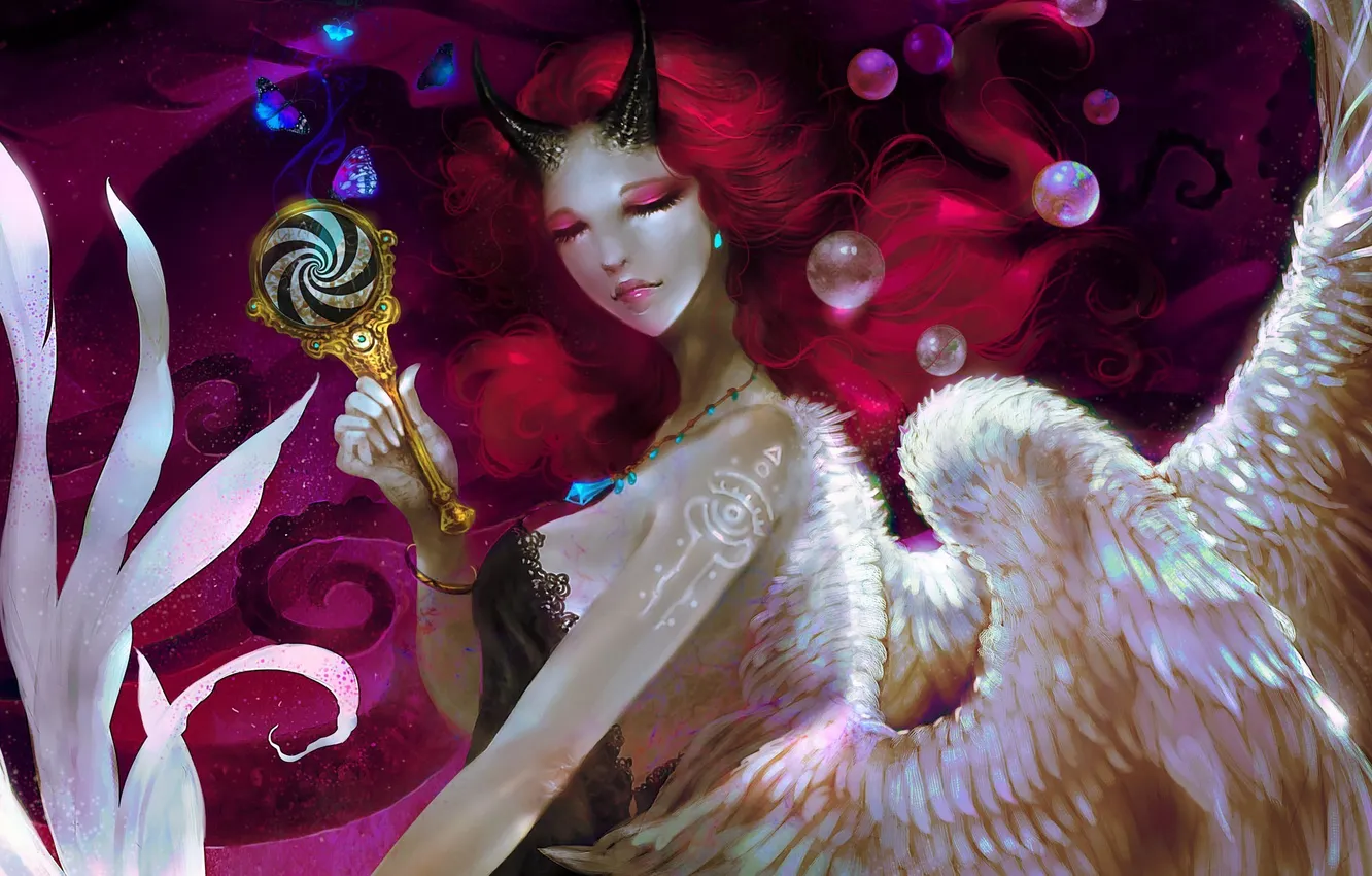 Photo wallpaper girl, bubbles, wings, art, horns, closed eyes, succubus