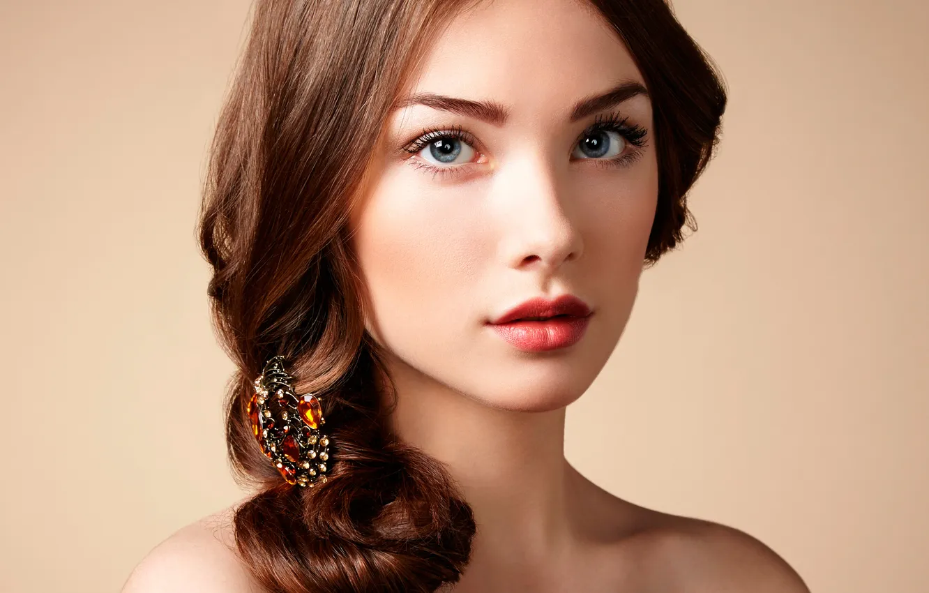 Photo wallpaper look, face, hair, brunette, barrette