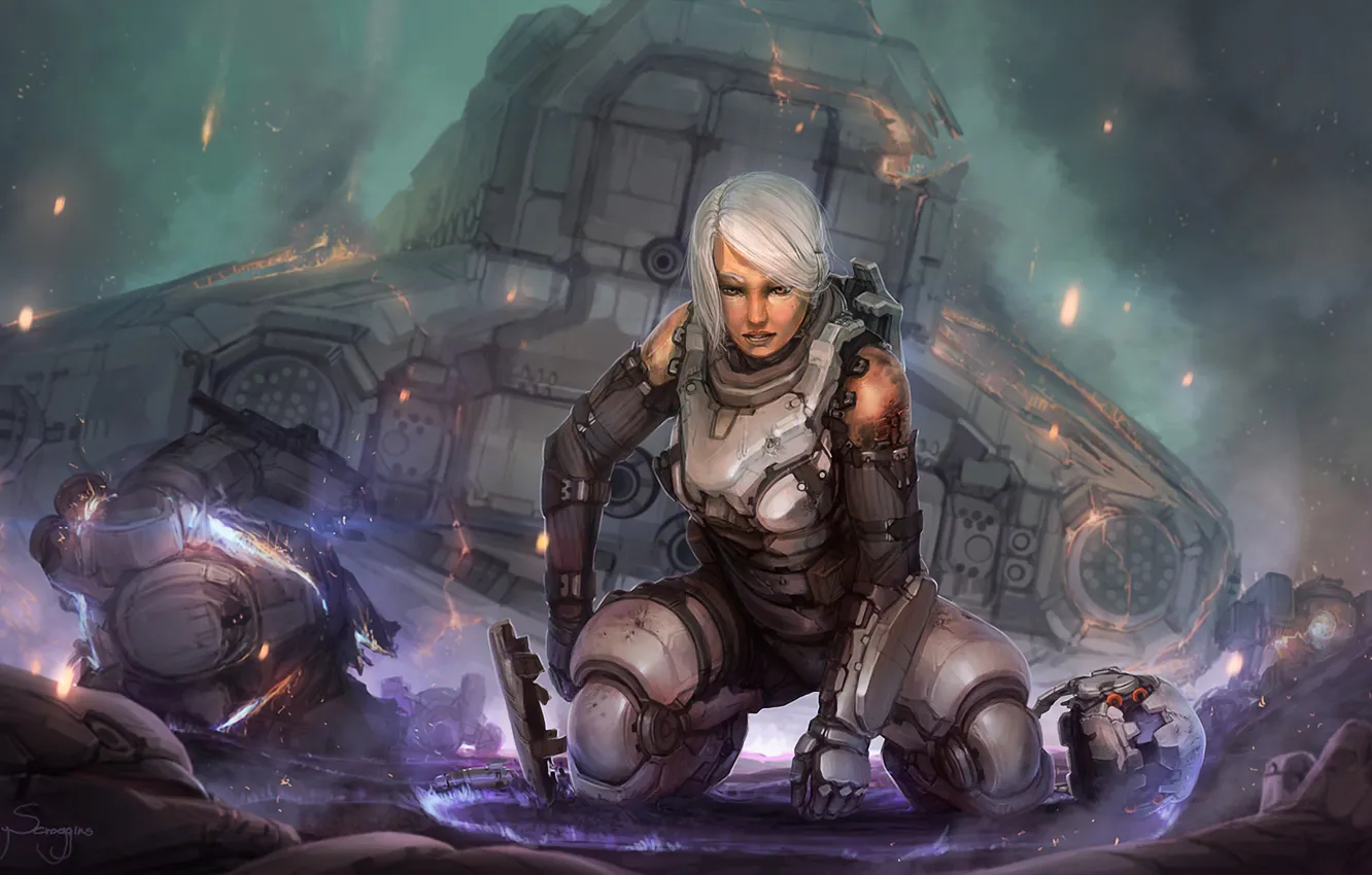 Photo wallpaper the wreckage, girl, lights, the crash, armor, aircraft, wounds, force field