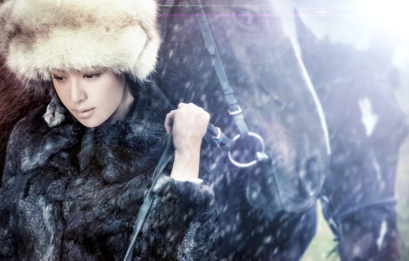 Photo wallpaper girl, background, horse