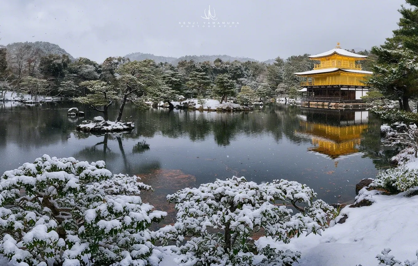 Photo wallpaper snow, lake, Kyoto, photographer, Kenji Yamamura, Kinkaku Temple, Golden temple