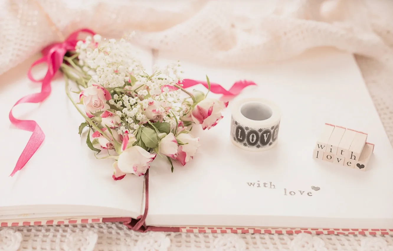 Photo wallpaper flowers, the inscription, roses, bouquet, notebook, vintage