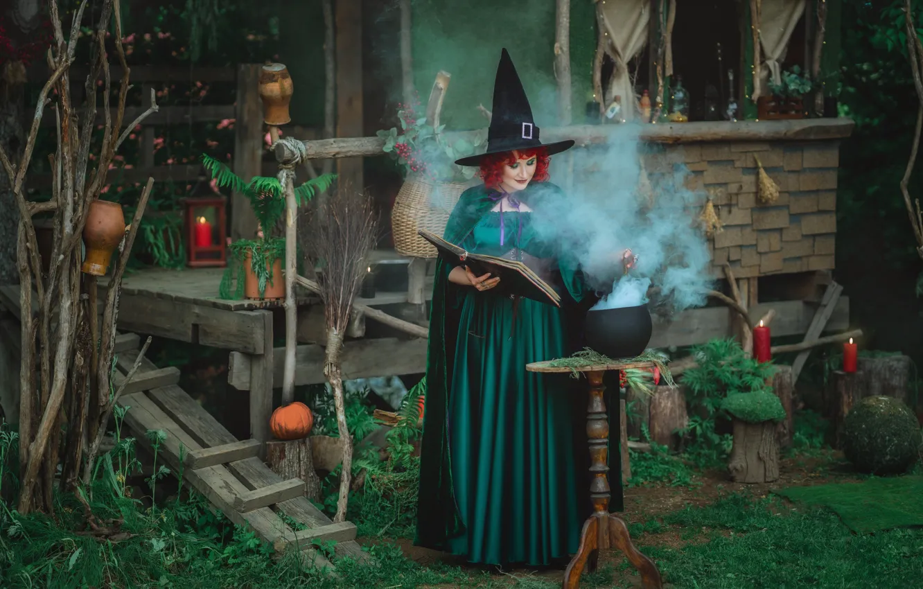 Photo wallpaper look, girl, pose, woman, smoke, hat, pair, witch