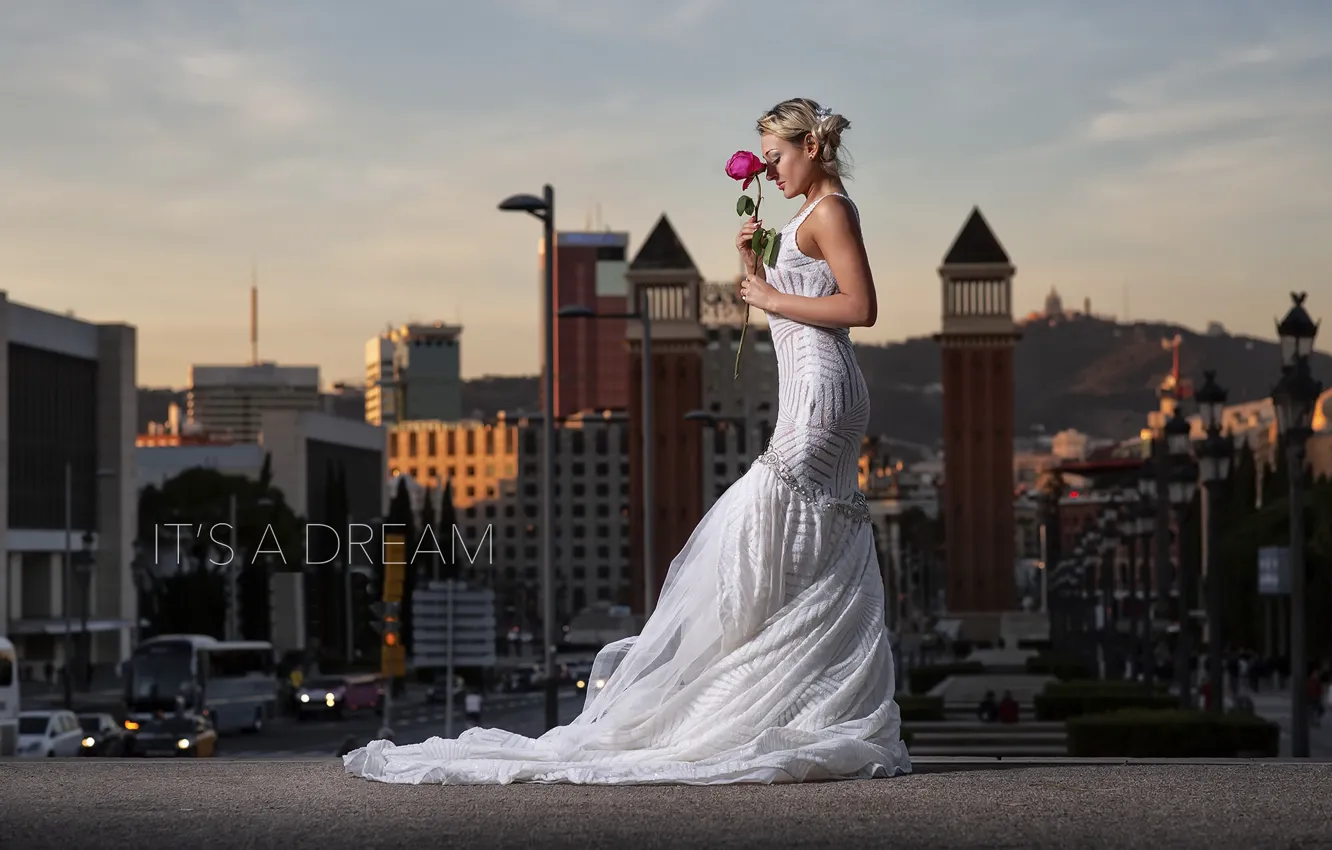 Photo wallpaper girl, flowers, the city