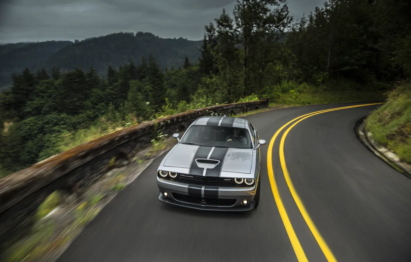 Photo wallpaper road, forest, mountains, turn, optics, Dodge, Challenger, forest