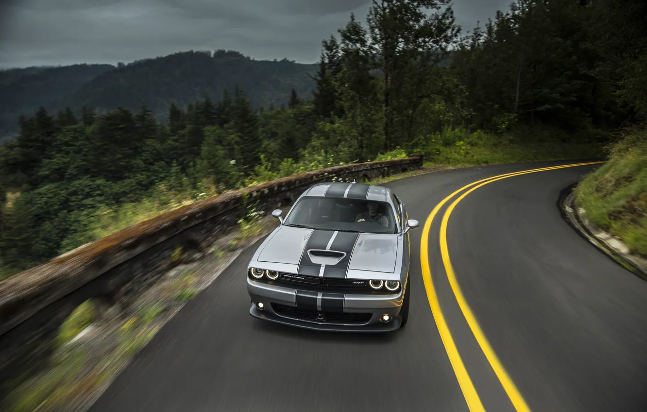 Photo wallpaper Road, Mountains, Forest, Turn, Optics, Dodge, Challenger, 392